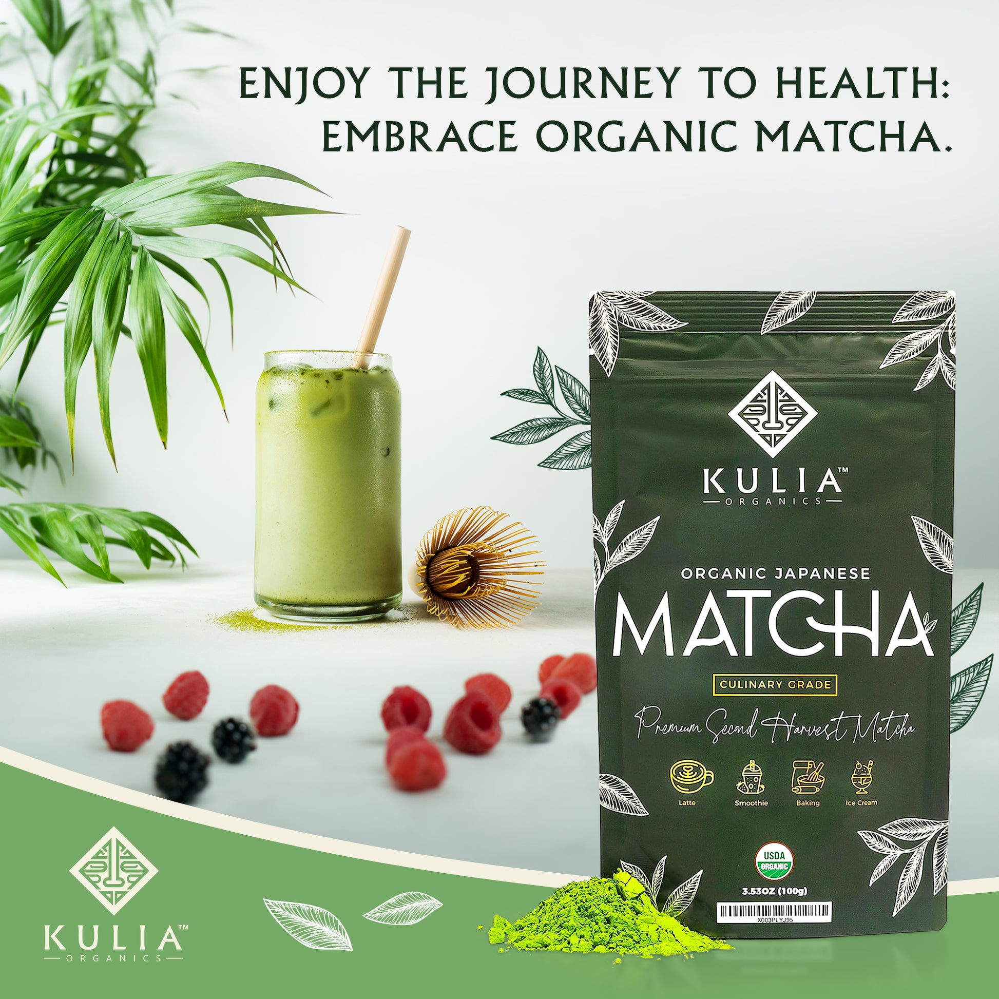 Matcha Powder Front image with matcha Latte